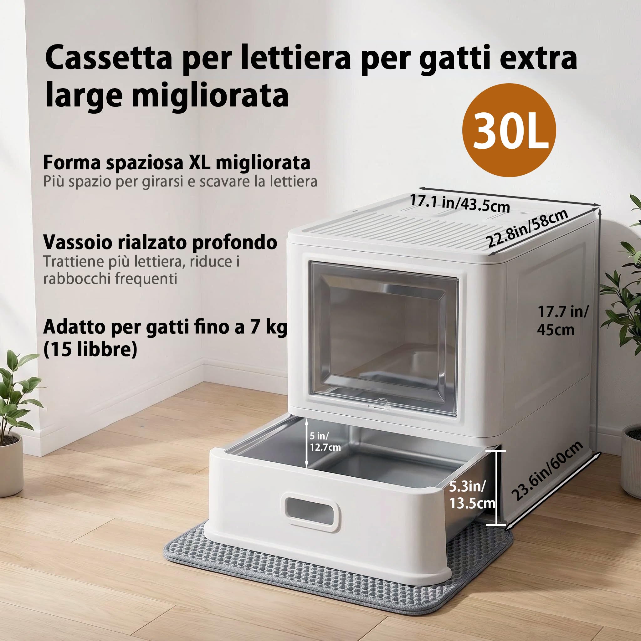Marchul XL Lettiera per gatti grande, in acciaio inox, con coperchio e cassetto, pareti laterali alte con deflettori antispruzzo, vassoio più profondo con paletta e tappetino, inodore
