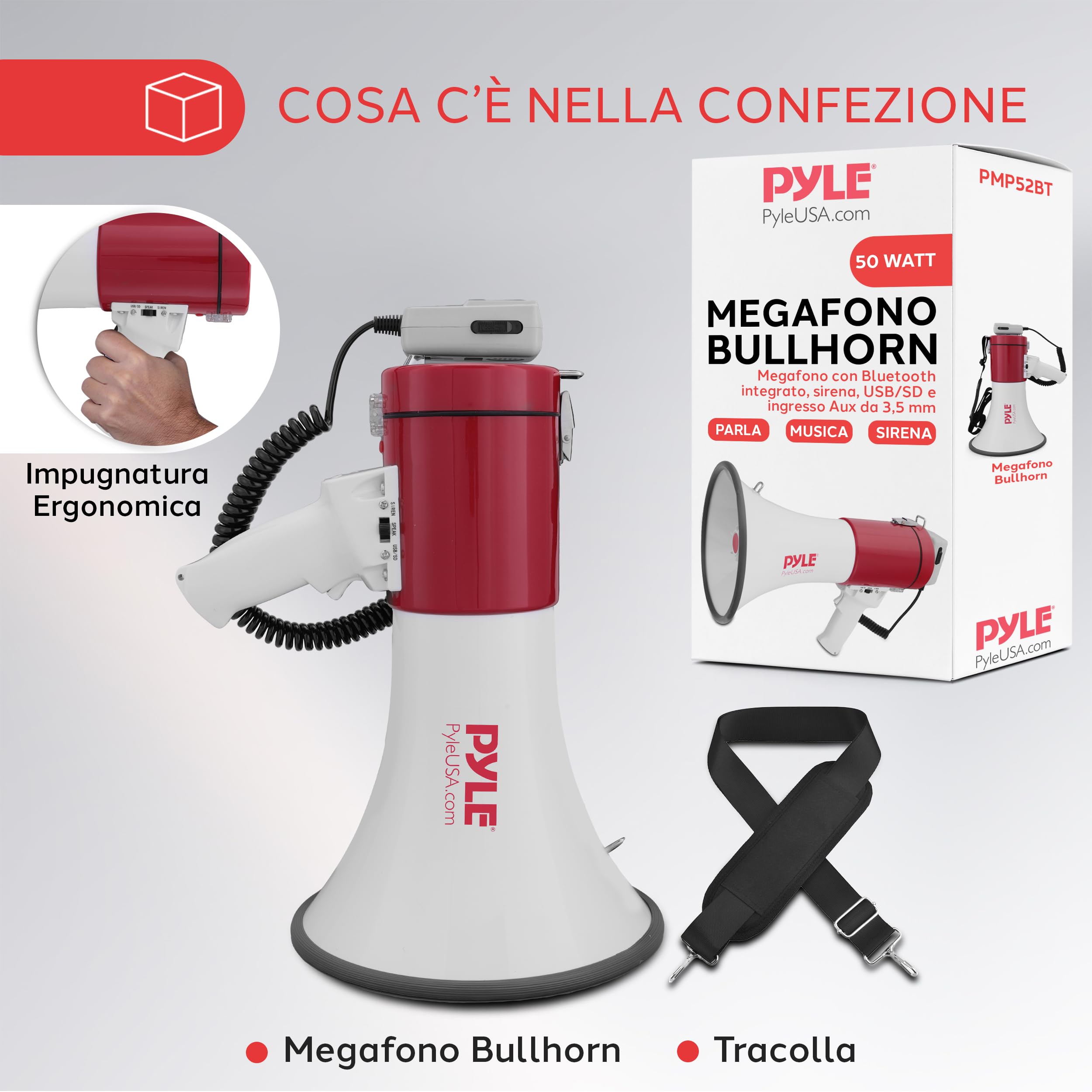 Pyle Megafono Portatile 50 Watt con Sirena, Volume Regolabile e Raggio 1100 Metri, Megafono per Eventi, Sport e Annunci Pubblici