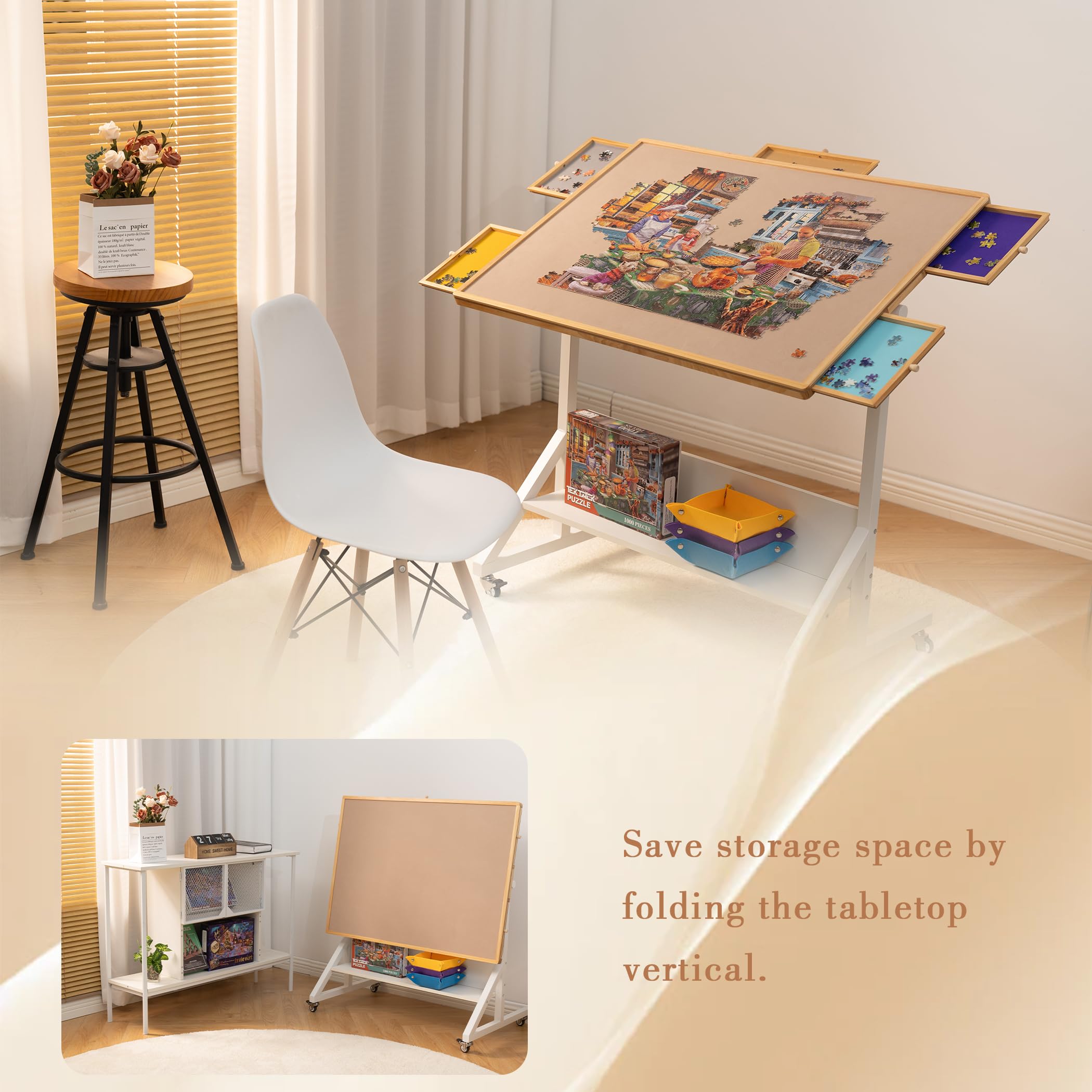 Tektalk Jigsaw Puzzle Table with Angle & Height Adjustment, Puzzle Easel with Cover & 5 Sorting Drawers, Tilting Board with Legs, Enclosed with 4 Roller Wheels, for Up to 1500 Pieces