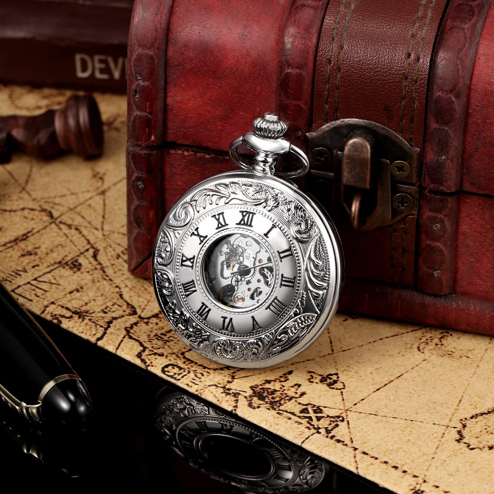 TREEWETO Montre a Gousset pour Homme avec Chaîne Montre de Poche Unisexe mécanique à Double Couverture Squelette Steampunk