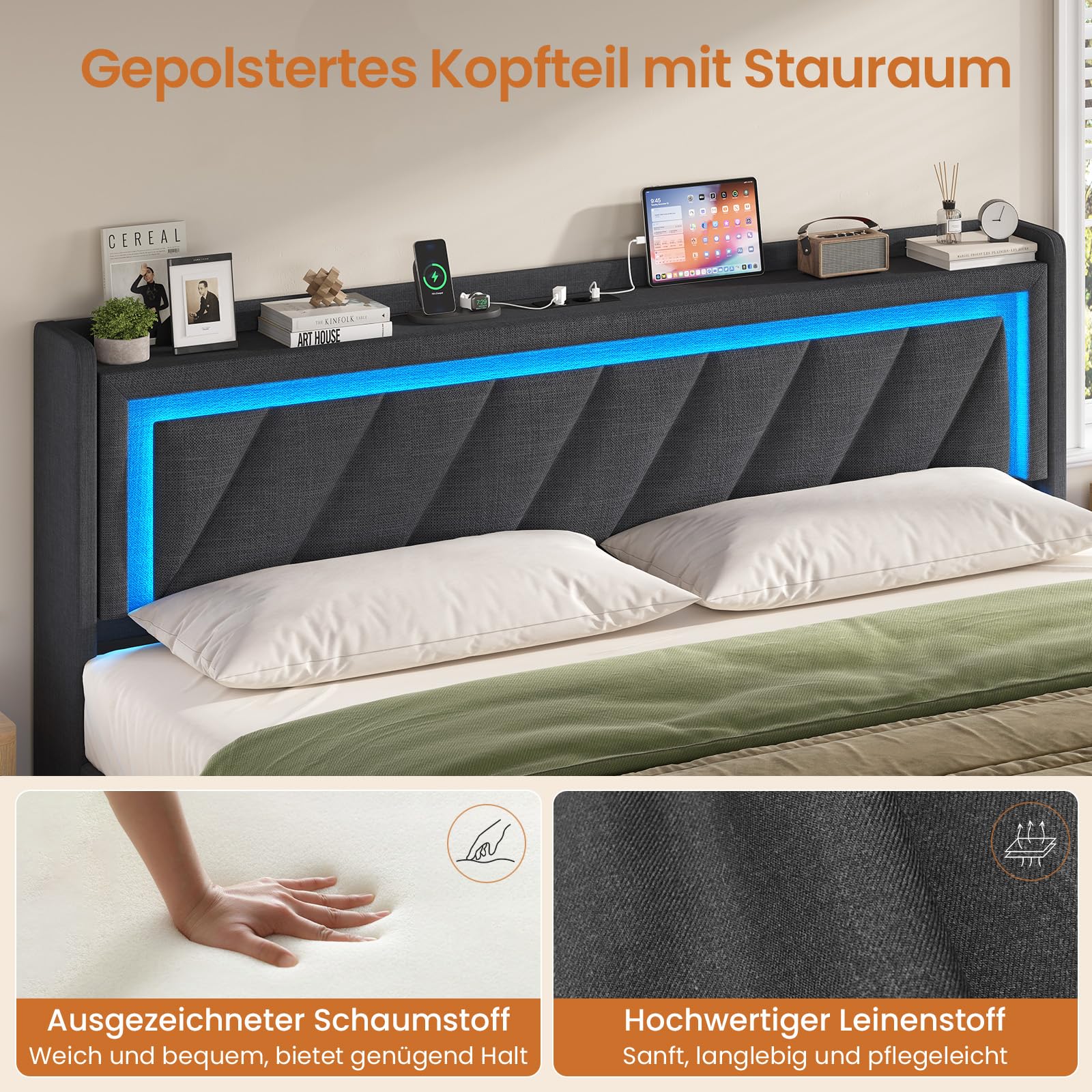 KIMENICH Polsterbett 180x200 cm,Schwebebett mit LED-Beleuchtung und Ladestation,Bett 180x200 mit Stauraum,Doppelbett mit Lattenrost,Bettgestell mit Kopfteil,Grau