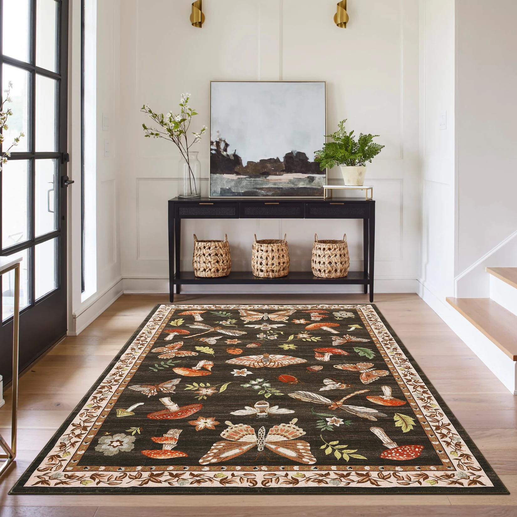 CAROMIO 140x200 cm Washable Butterfly Mushroom Rug for Bedroom Dark Brown