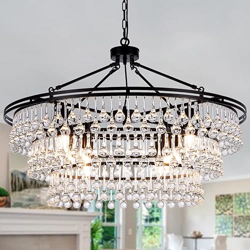 Wellmet Candelabro grande negro de estilo rústico  Lámpara redonda moderna de lágrima de cristal de 32 pulgadas para comedor, dormitorio, cocina,