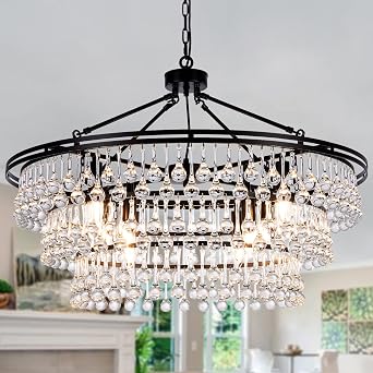 Wellmet Large Black Farmhouse Chandelier - 32" Round Modern Crystal Teardrop Chandelier for Dining Room, Bedroom, Kitchen, Hallway, Closet, Living Room