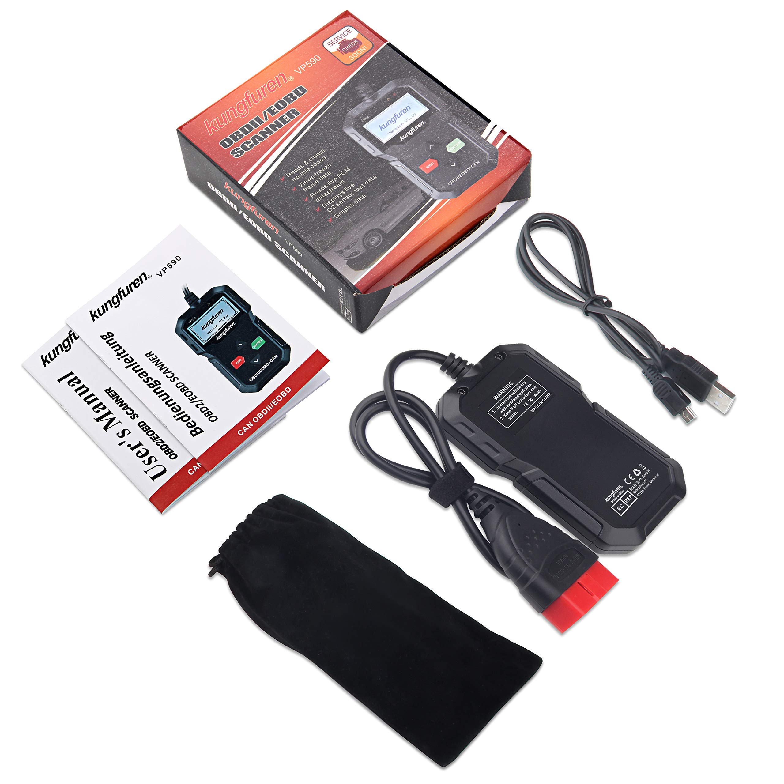 kungfuren OBD2 Diagnostique Voiture, OBDII Lecteur de Code, Lecteur de Code de Défaut Scanner, Outil de Diagnostic Auto pour Tester les Systèmes de Moteur