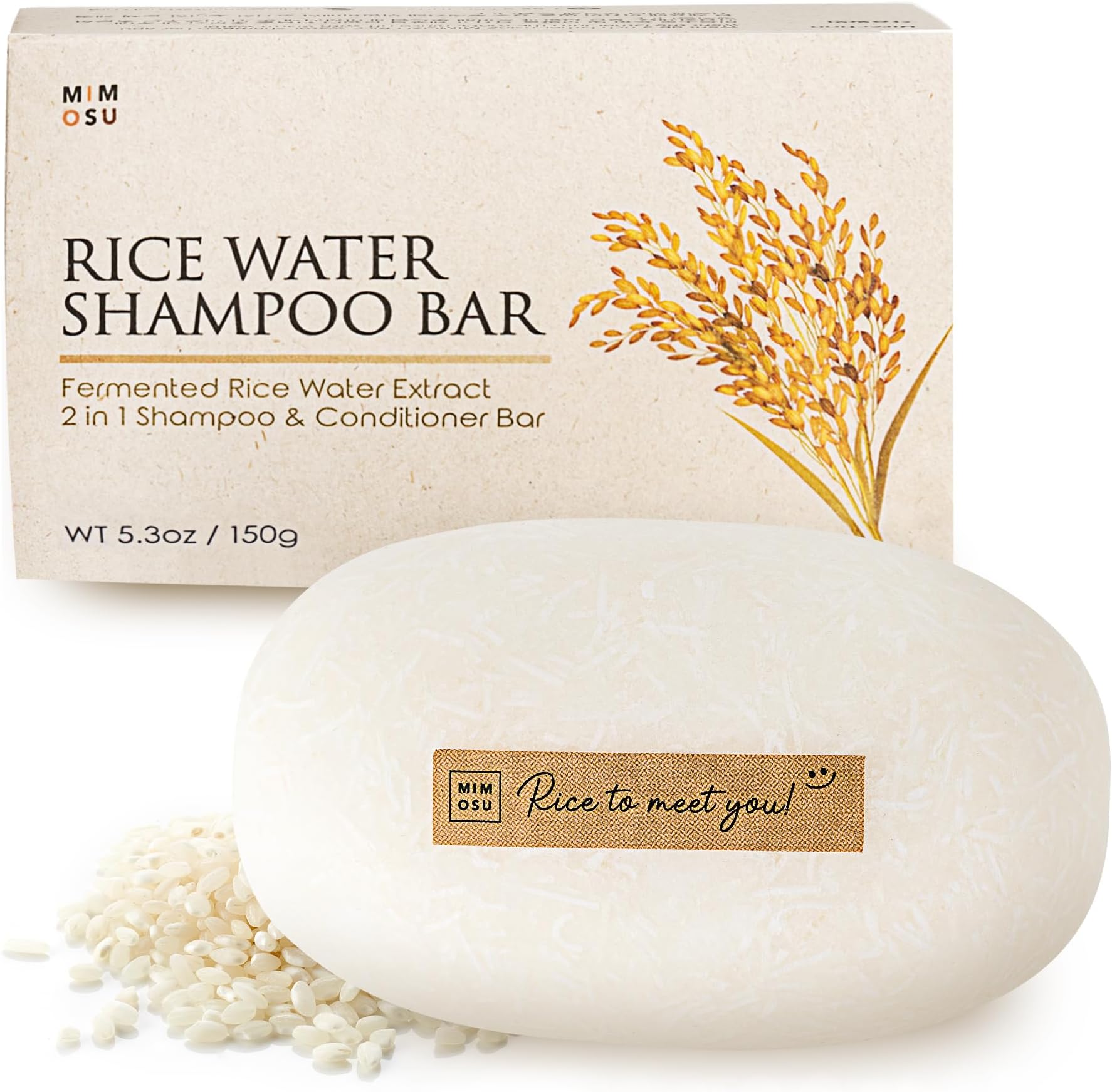 mimosu Hair Growth Shampoo Bar, Fermented Rice Water 2-in-1 Shampoo & Conditioner, 5oz, Unscented, pH Balanced, Solid Bar for Oily Hair, Korean Hair Care