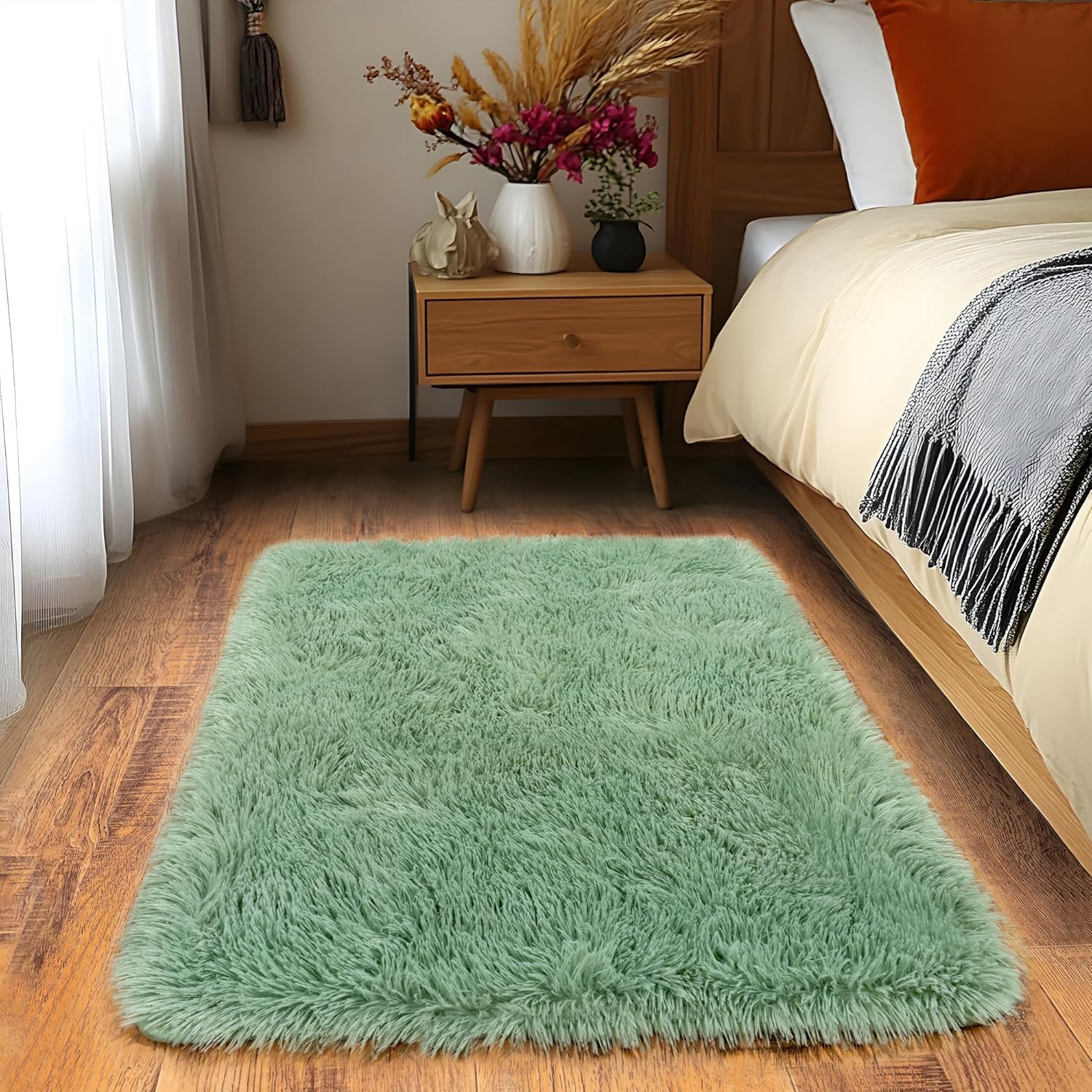 Tapis poils longs vert menthe haute densité 61x91