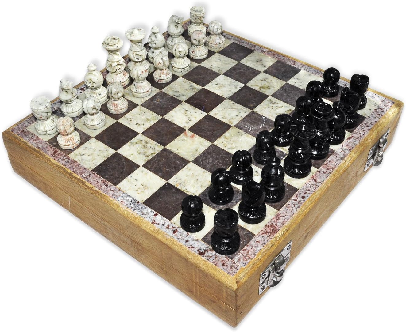 Wooden Chess Set Marble Pieces from India, 8"