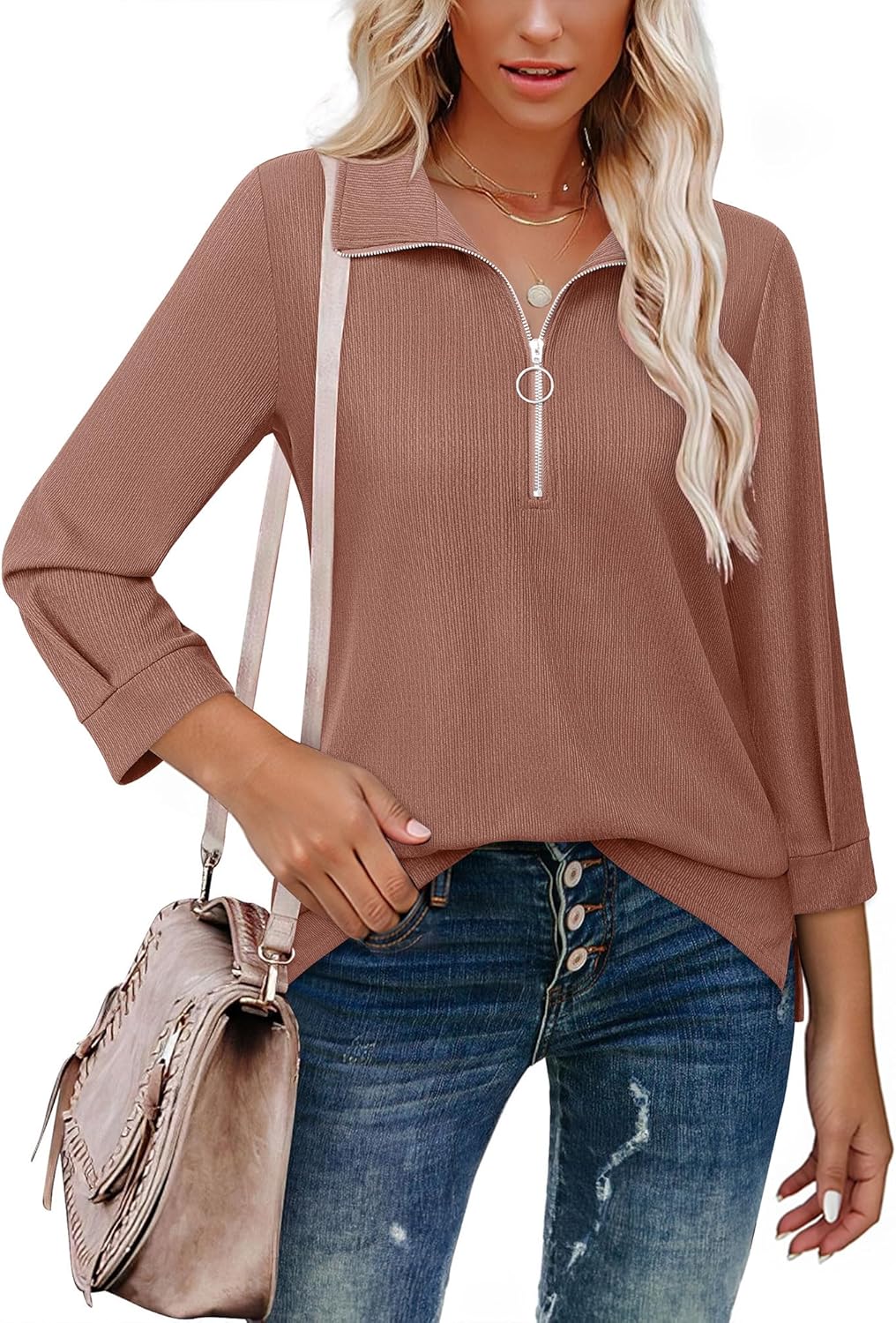 Vivilli Womens Tops Dressy Casual Summer Fall Outfts 3/4 Length Sleeve V Neck Shirts Work Blouses Zipper Collar Polo Shirts - Image 2