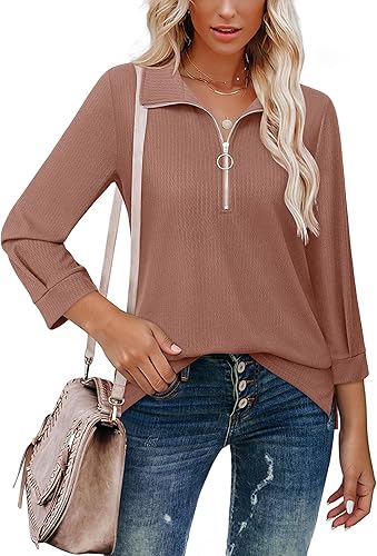 Miniatura 2 de Vivilli Blusas elegantes para mujer, estilo casual, verano, otoño, manga 34, cuello en V, camisas de trabajo, camisas tipo polo con cremallera