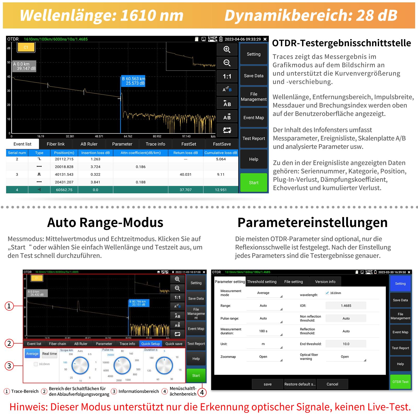 Henkion OTDR Glasfasertester RSO-5510 LWL Tester 1610 nm 28dB 5,4" IPS-Touchscreen Reichweite 150km IPC Tester TVI CVI AHD CVBS Kabeltester FC/UPC SC ST LC OPM OLS LS VFL Ereigniskarte Netzwerk-Tools