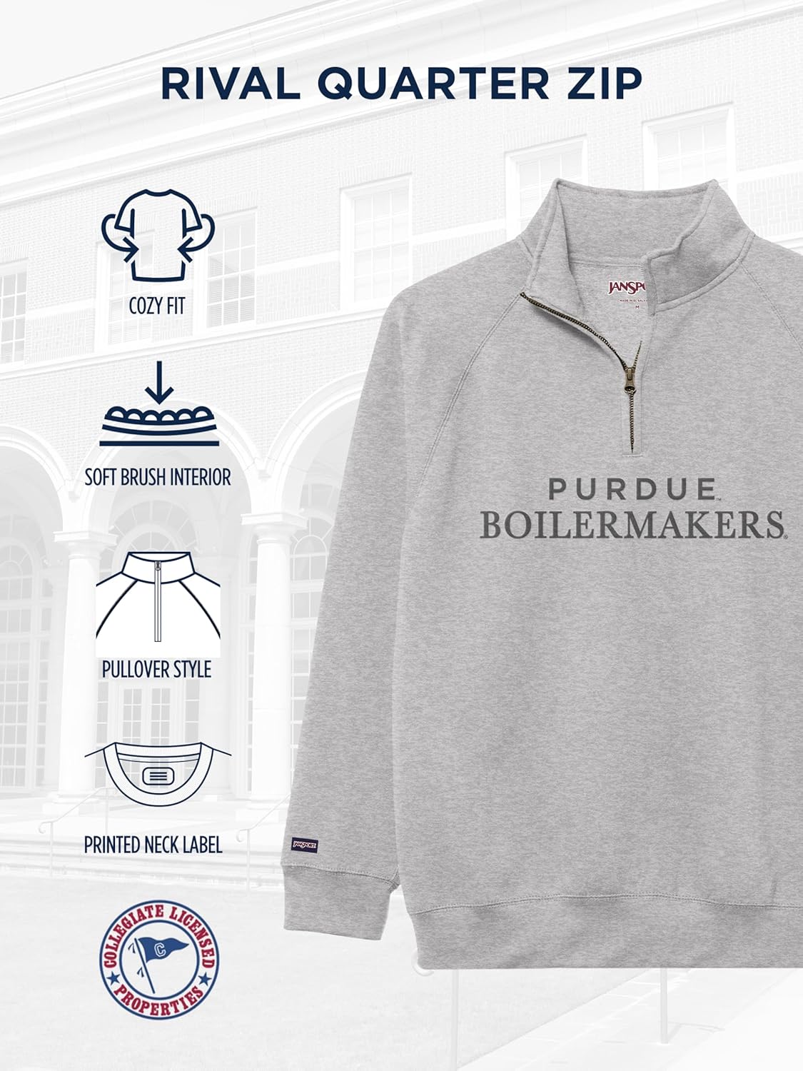 JanSport NCAA公式ライセンスライバルクォータージップトレーナー、長袖ユニ、コットン/ポリエステルブレンド、スタンドアップ