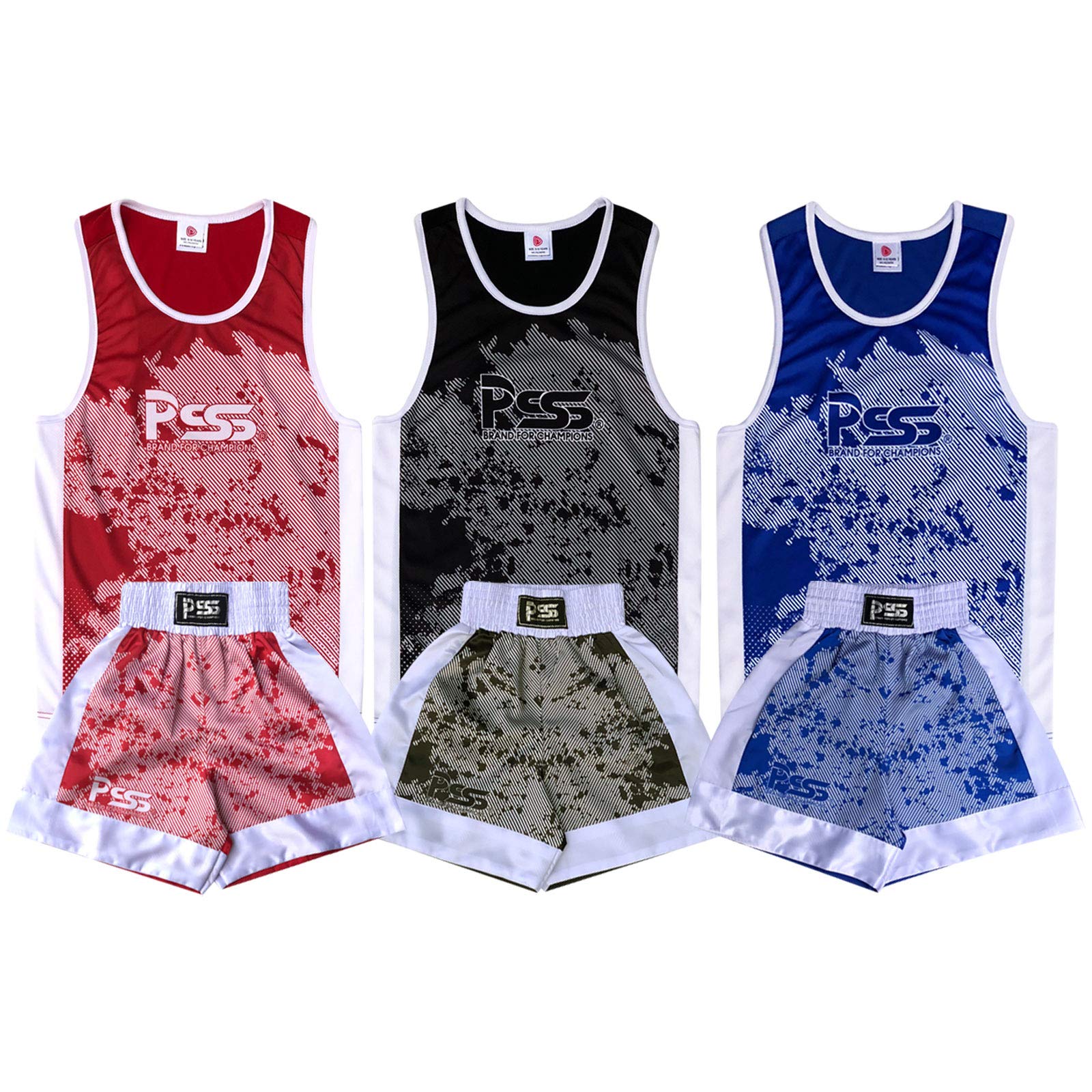PSS Ensemble Boxe Enfants 3 à 14 Ans Short + Débardeur Tenue Boxe Kick Boxing Muay Thai Design Sublimation, Noir, Rouge & Bleu, Haut Short boxe enfant 3 4 5 6 7 8 9 10 11 12 13 14 ans