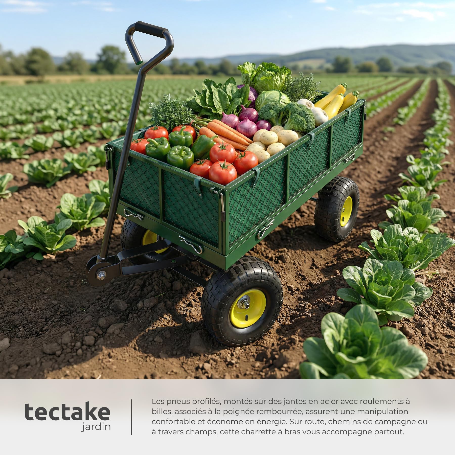 tectake® Chariot de Transport Chariot à roulettes de Jardin Remorque à Main Charrette à Bras Capacité 350kg avec Parois latéraux rabattables et Bâche pour Bois de chauffage Courses Plage Pêche Camping