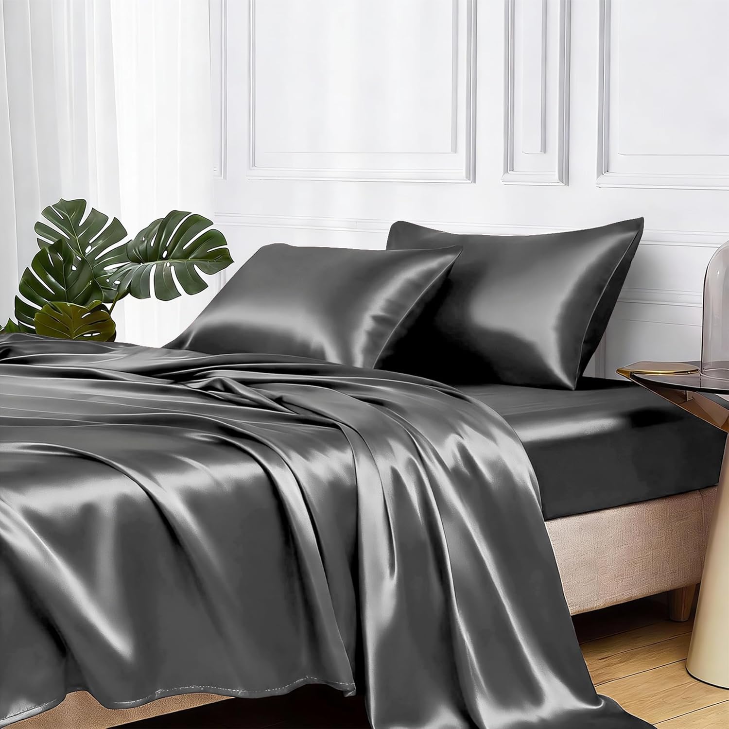 MR&HM Queen Satin Bed Sheets Set 4-Piece, Silky Soft 600TC Deep Pocket Fitted Sheet, Dark Grey - Anti-Frizz Hair & Beauty Sleep