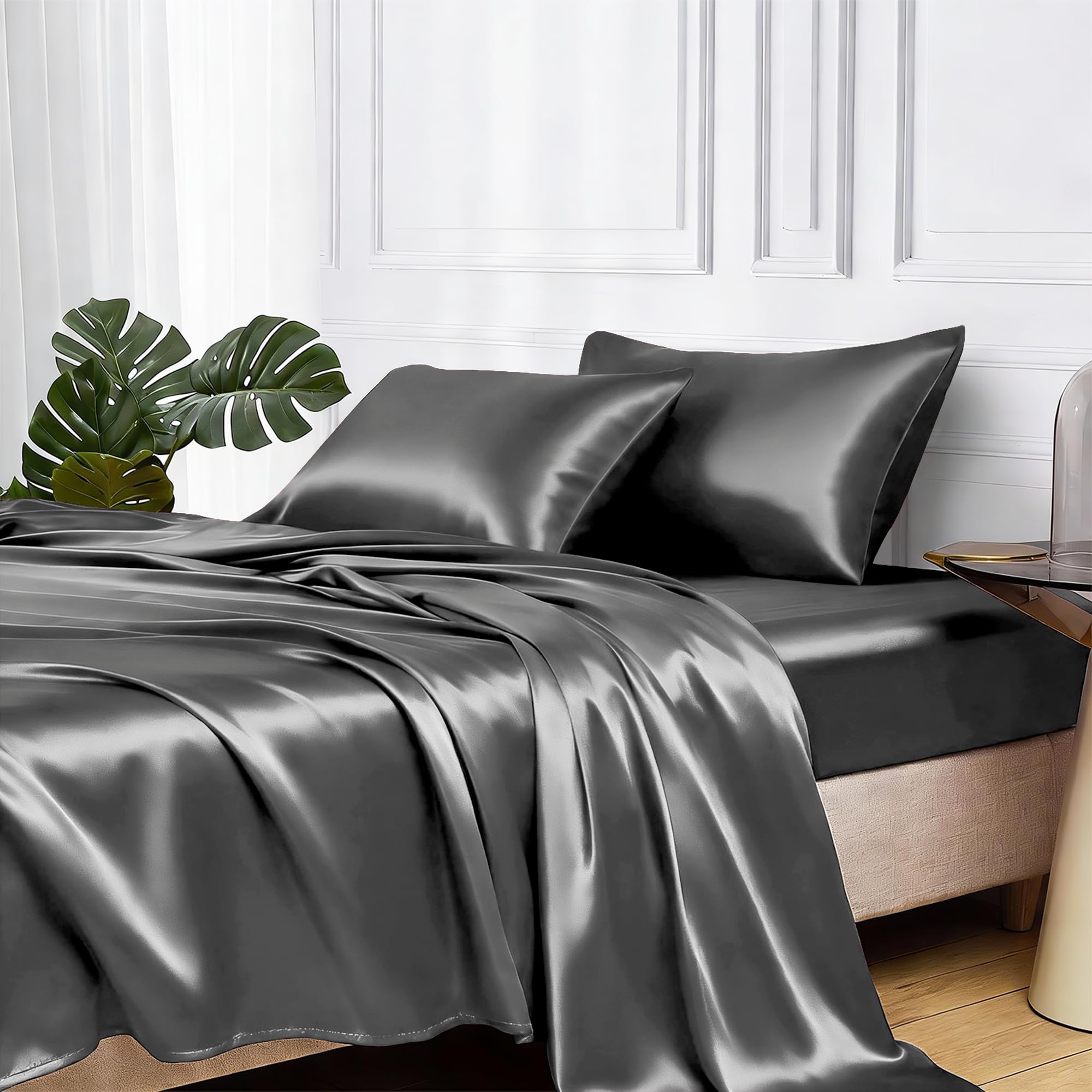 サテンベッドシーツセット 4ピース クイーンサイズ シルキー 寝具セット Amazon｜MR&HM サテンベッドシーツ、クイーンサイズシーツセット、4