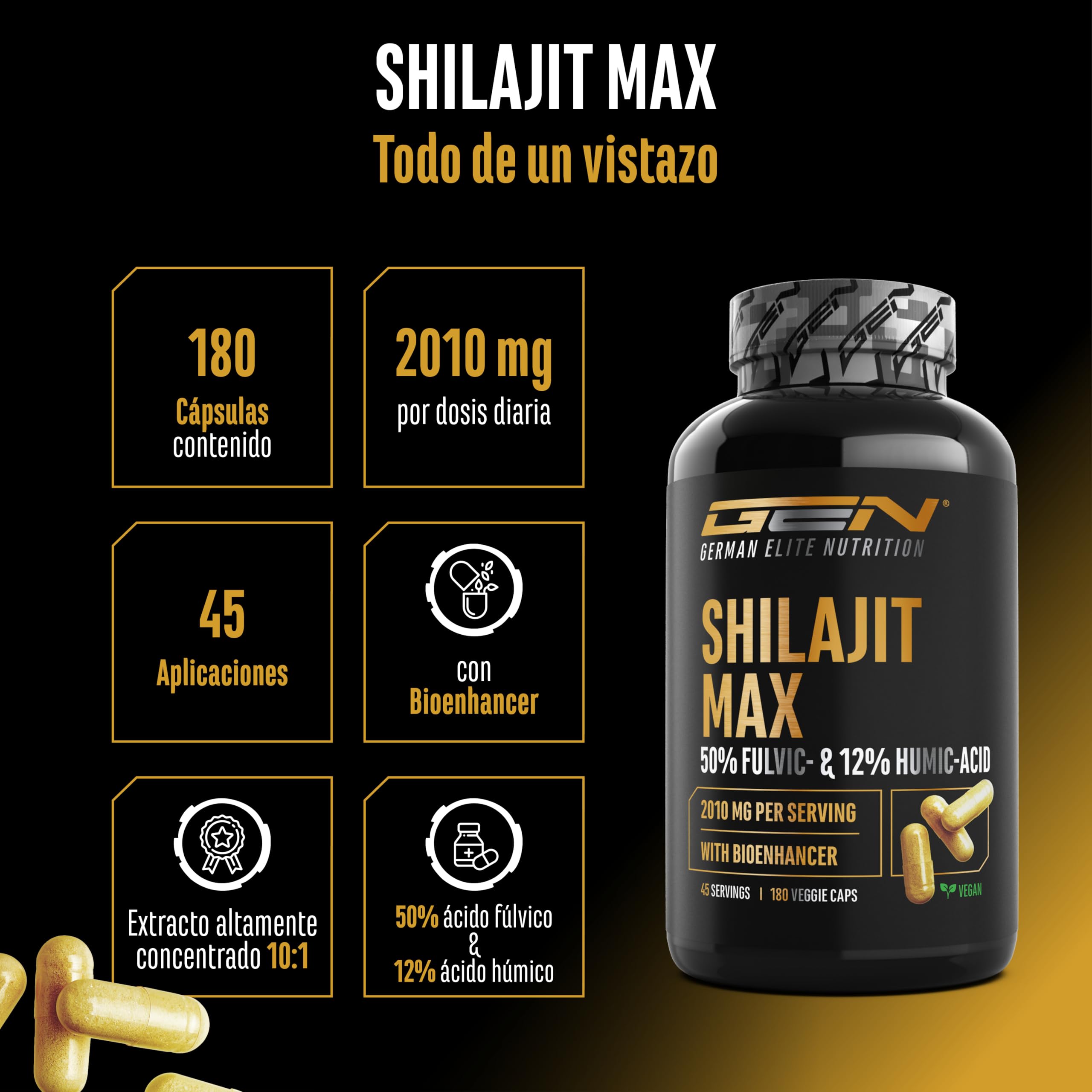 Mumijo Shilajit Max - 180 cápsulas de alta dosis con 2000 mg por dosis diaria - extracto original 10:1 con 50% de ácido fúlvico + 12% de ácido húmico + bioenhancer - sin aditivos innecesarios, vegano