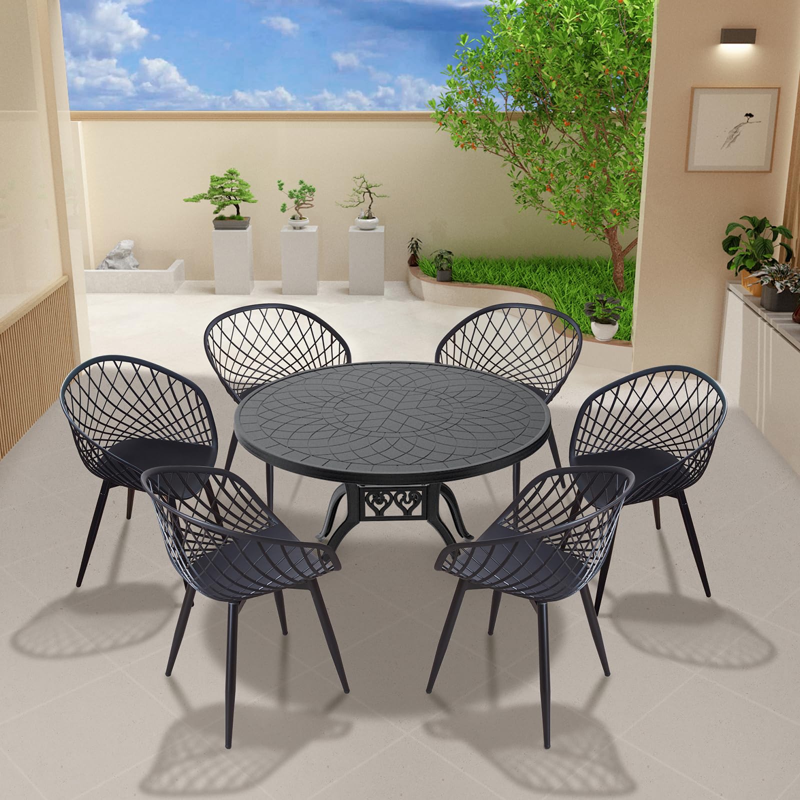 Juego de 6 sillas de jardín, sillas de jardín con reposabrazos, sillas de plástico con respaldo y patas de metal, muebles de terraza, muebles de balcón