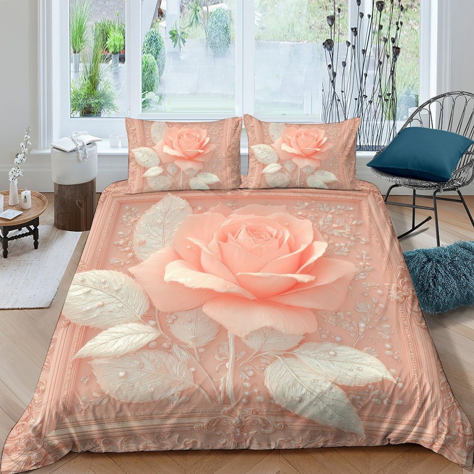 GPLZQXKJNH 3D Printed Peach Rose Duvet Cover Microfiber Soft Floral Bedding Set with 2 Pillowcases for Bedroom Living Room Single（135x200cm）