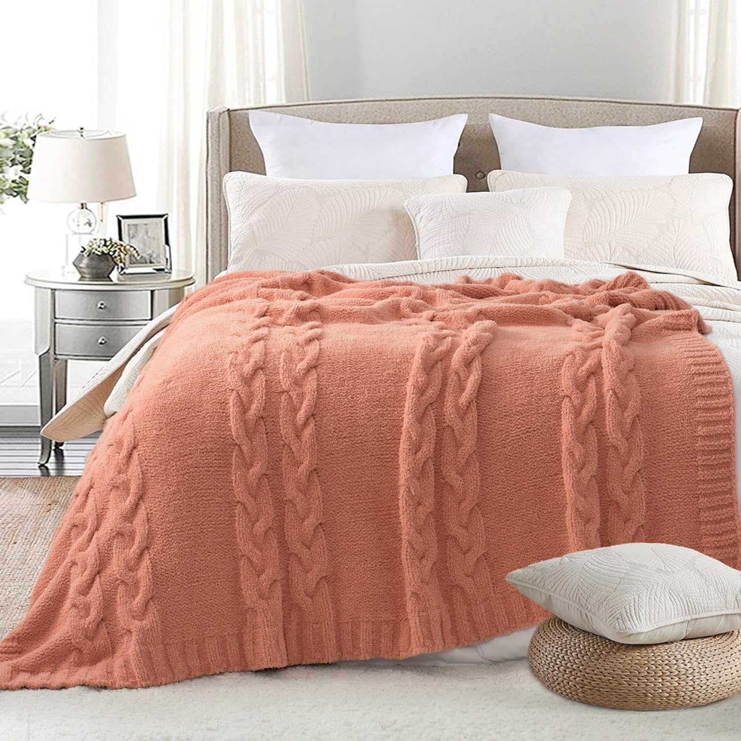 Chunky Knit Blanket Super Soft Cable Fluffy Microfiber Cozy Warm Winter Blankets for Couch Sofa Bed Twin Size 60"X80" Pink