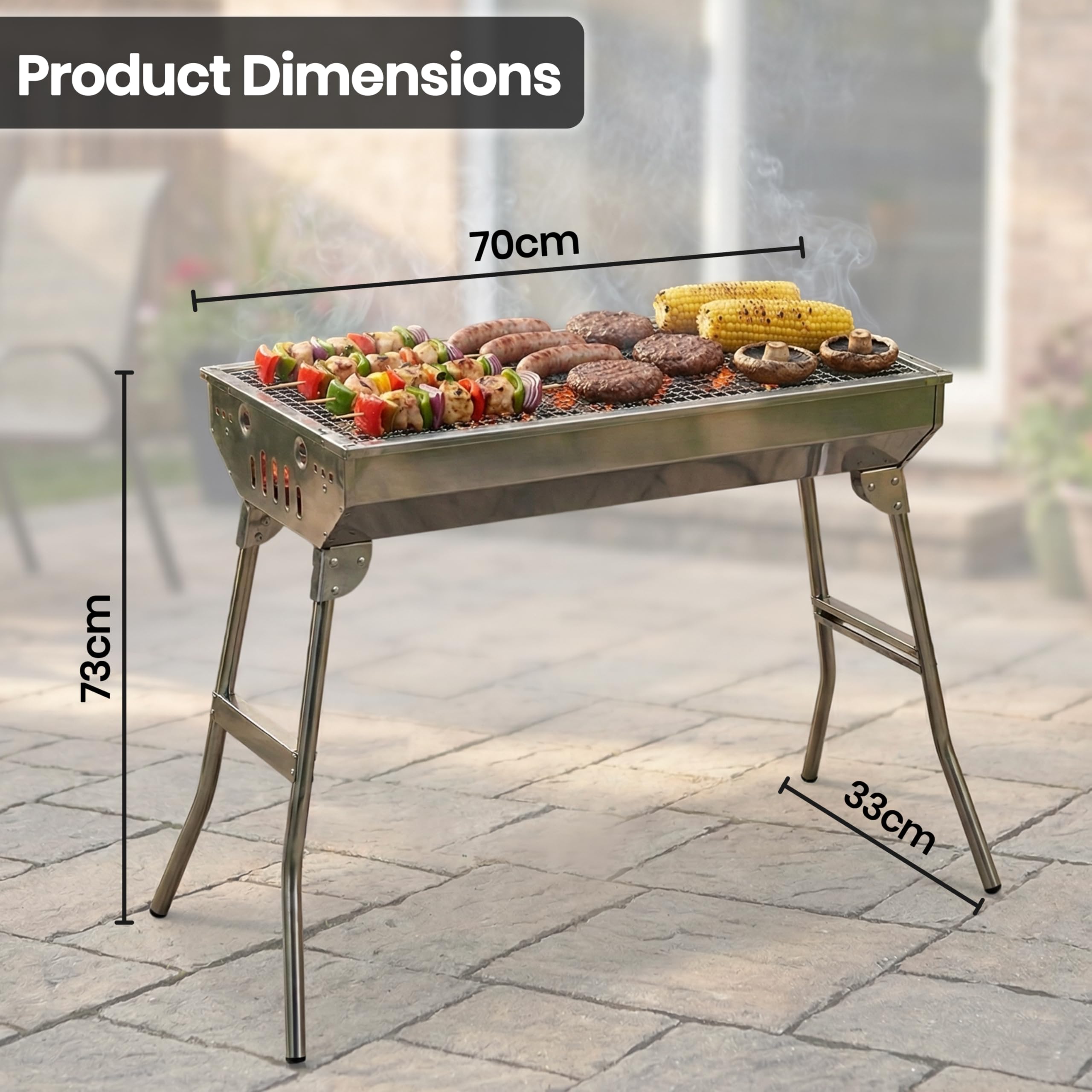 Stainless Steel Portable Charcoal BBQ Grill with Stand, Large Folding Barbecue Grill For Skewers, Burgers & Steaks, Heavy Duty Steel BBQ For Camping, Picnic, Backyard (33x70x73 cm) — view 2