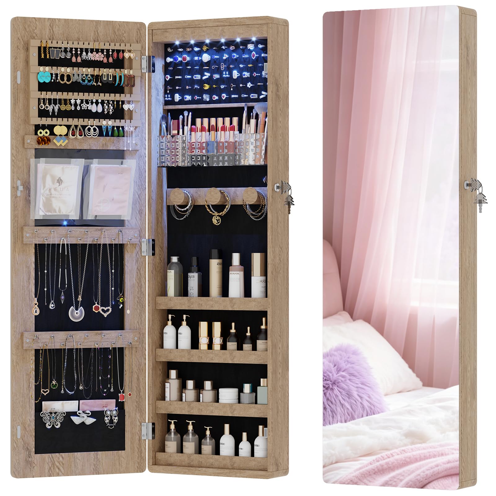 HNEBC Over the Door Organizer, Jewelry Cabinet with Lights,Brown