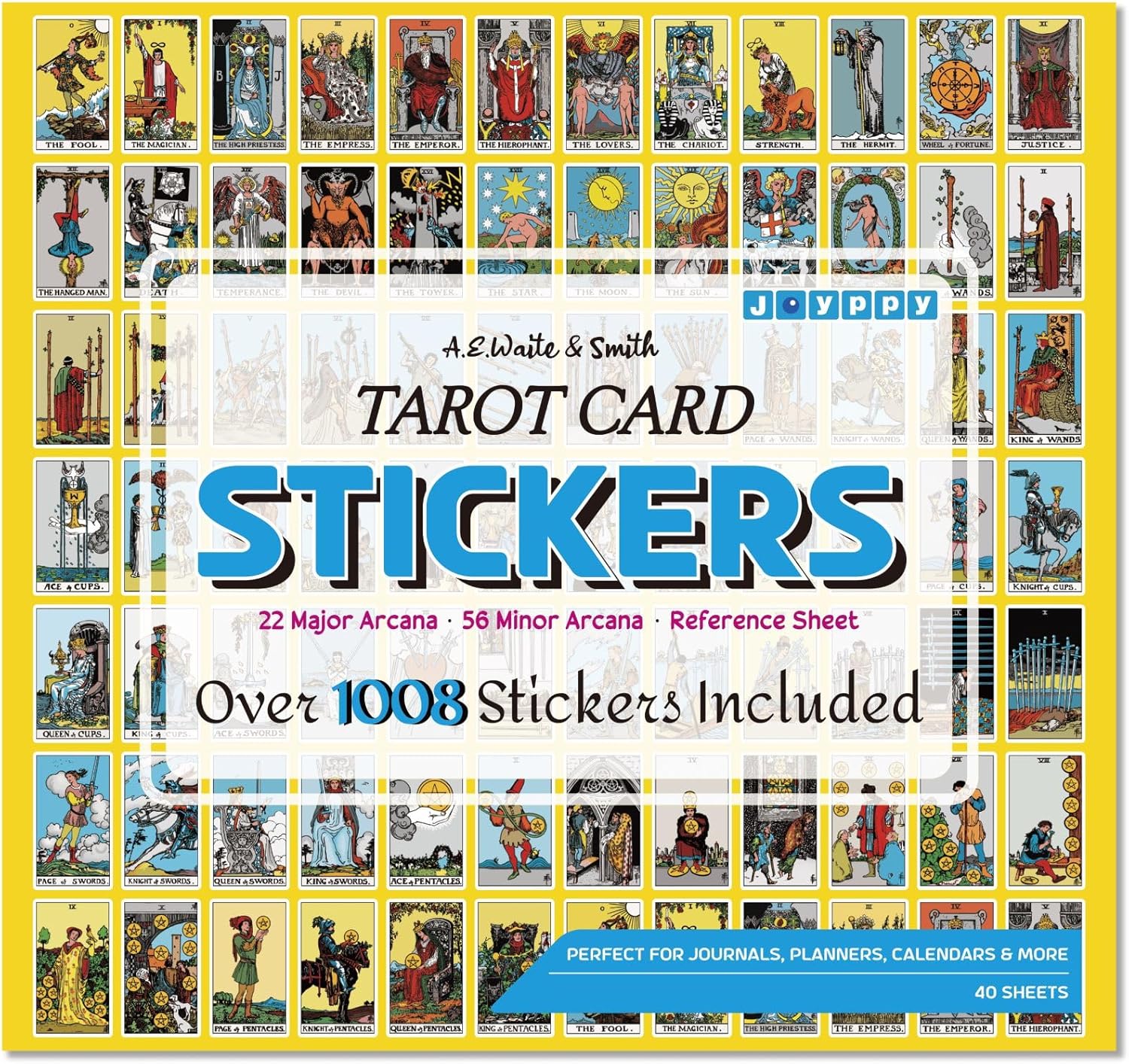 Joyppy Mini Tarot Stickers for Journaling - 1008 PCS Tarot Card Stickers Based on Rider Waite Tarot Deck - 1.25" x 0.78" - Clear Printing & Glossy Finish – 4 Tarot Cheat Sheets Included