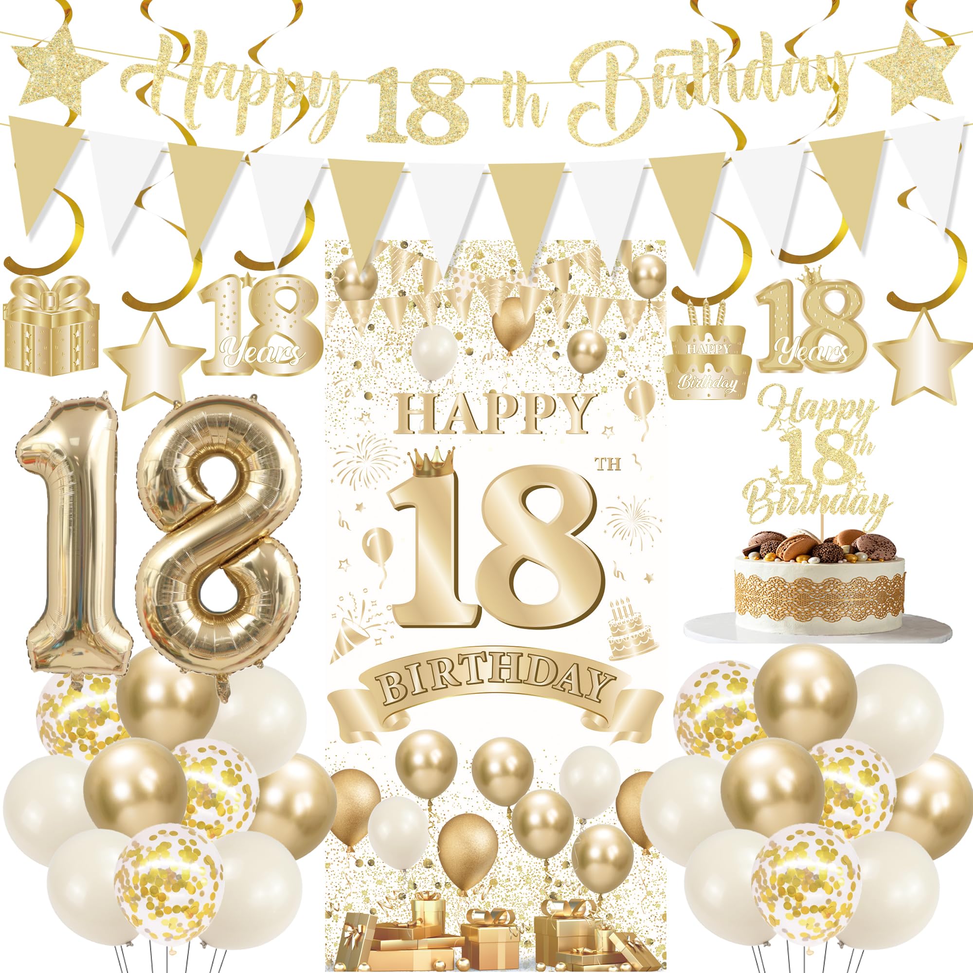 18th Birthday Decorations Girl Banner - 31 Pcs White Gold Banner Set