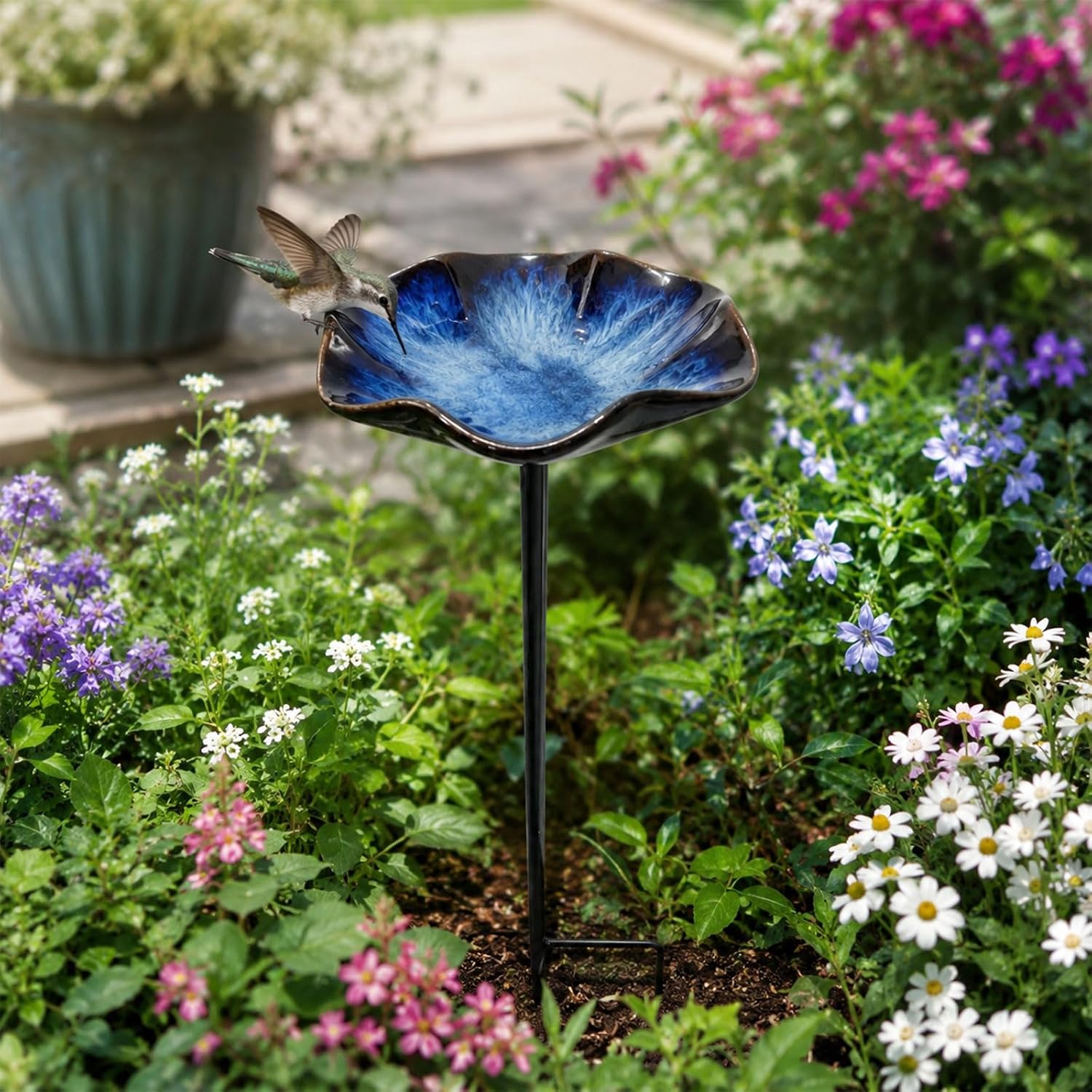 Ceramic Pad Bird Bath Bowl for Hummingbird Butterfly Water Station with Metal Stand for Garden Butterfly Outdoor Bird Bath