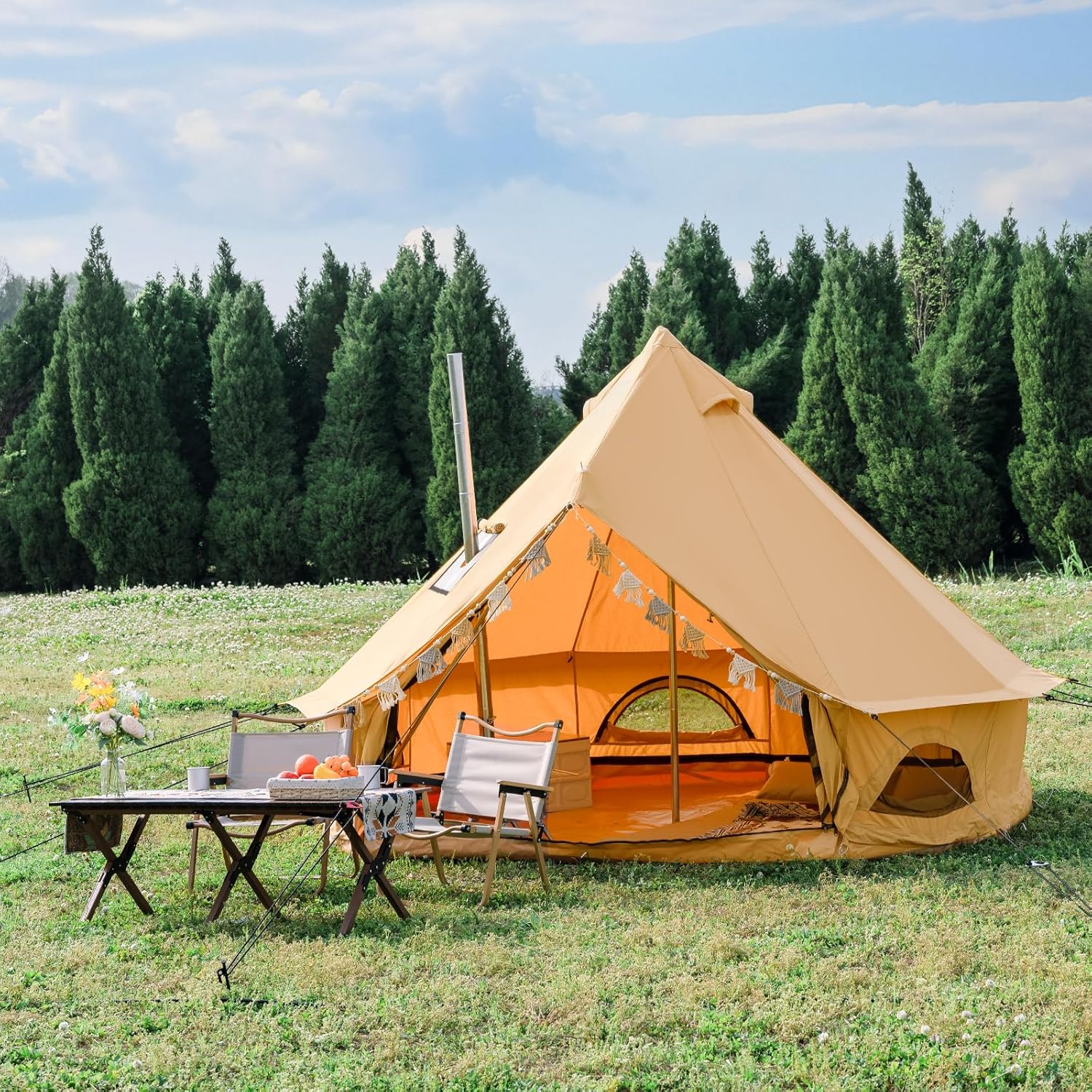 Cotton Canvas Bell Tent with Stove Jack, Roomy Yurt for Family Glamping Camping, 4 Season Tent with Zipped Removable Floor Cotton Canvas Bell Tent with Stove Jack, Roomy Yurt for Family Glamping Camping, 4 Season Tent with Zipped Removable Floor