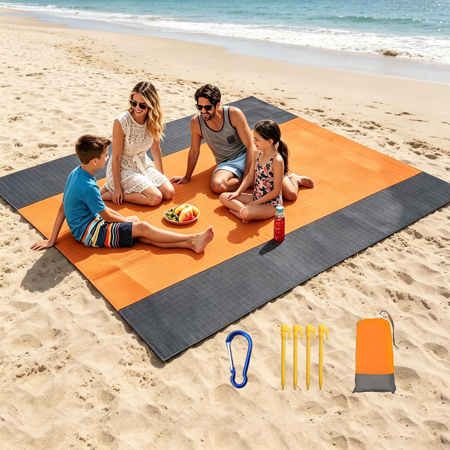 Kazoeju Orange Beach Blanket Waterproof Sandproof Beach Mat Extra Large Beach Blanket 210X200cm Portable Picnic Blanket With 4 Fixed Nails For 4-7 Adults Beach Camping Hiking Travel Compact Lightweight