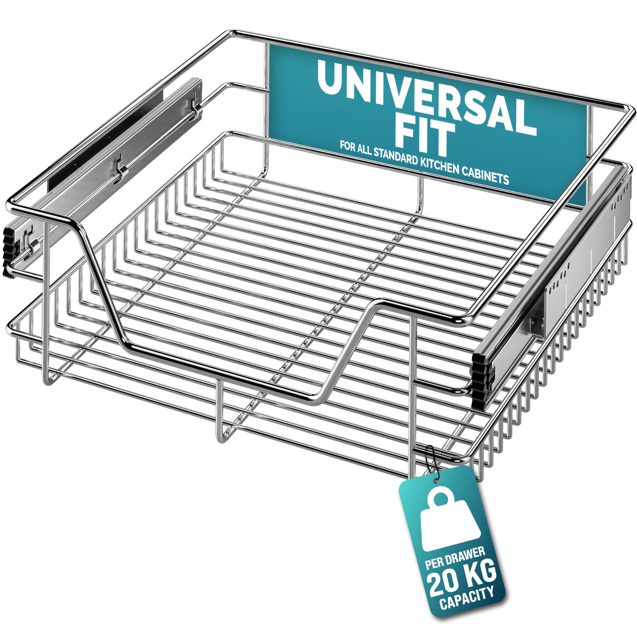 CASARIA® Pull Out Telescopic Kitchen Drawer | For 50cm Units - 46cm Internal Cabinet Dimensions | Chrome-Plated | 20kg Load Capacity | Basket Shelf Organiser Storage Space Saving