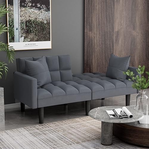 Miniatura 4 de JUMMICO Moderno sofá cama tipo futón convertible tipo futón reclinable tamaño individual con brazos y 2 almohadas para sala de estar (gris)