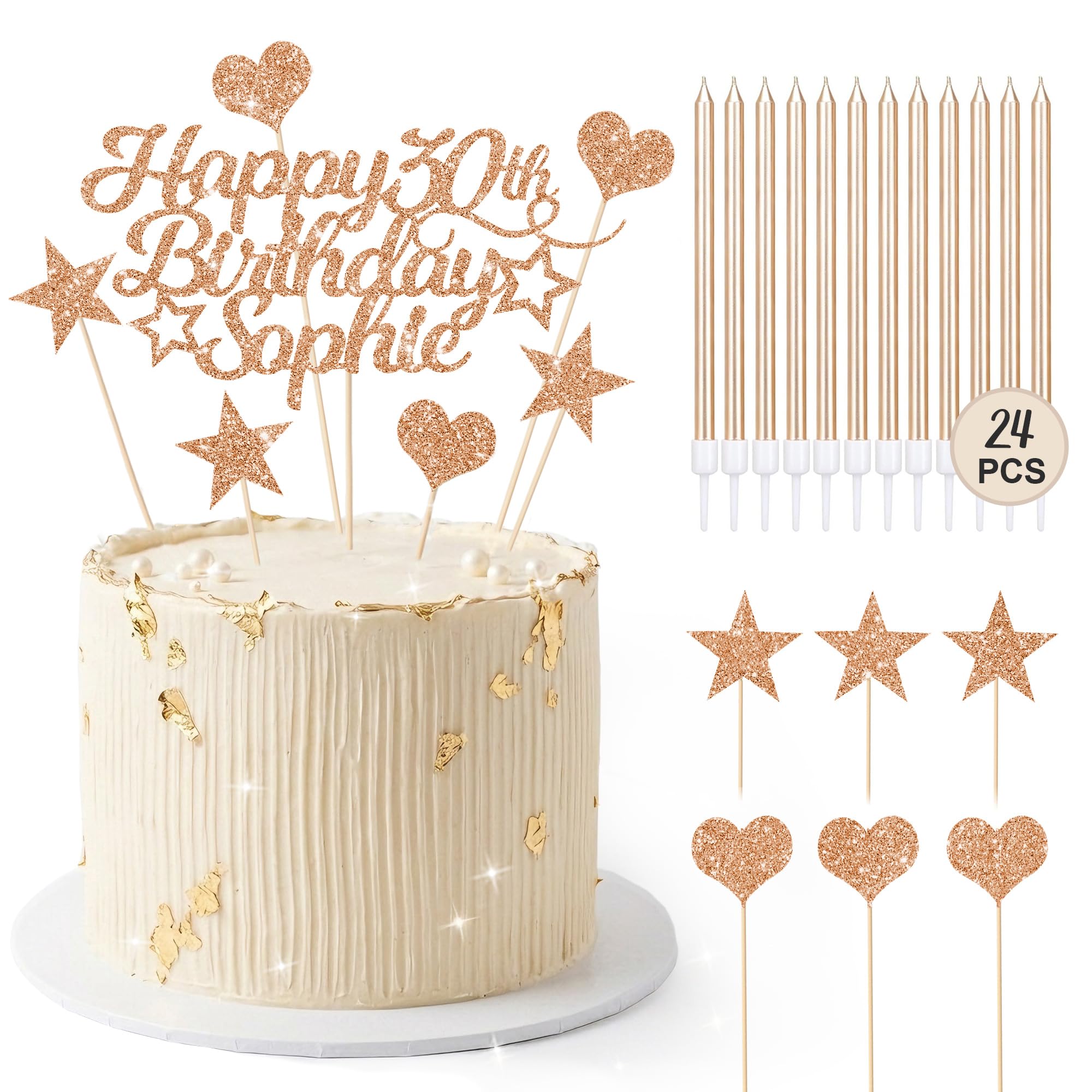 EDSG Personalised Birthday Cake Toppers with 24 Candles, Double-Sided Glitter Cake Decorations with Any Age Name, Birthday Party Supplies for Boys and Girls Women Man(Rose Gold with 24 Candles)