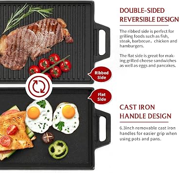 BIG HORN OUTDOORS Cast Iron Griddle Reversible Grill Plate with Handle for Oven, Stove, Grill