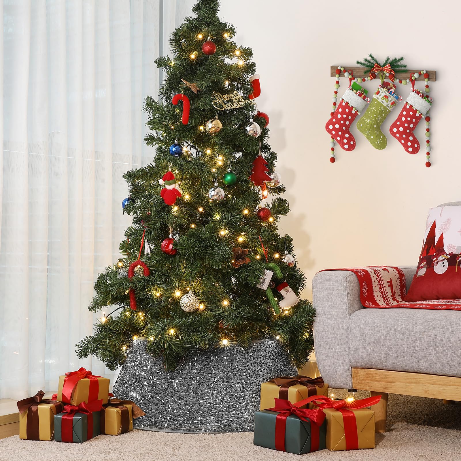 Jupe De Sapin De Noël En Flocons Neige - Cache-Pied Décoratif Pour Arbre De Noël (Blanc)
