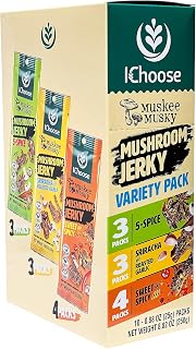 Muskee Musky Mushroom Jerky, Vegan, High-Fiber Snack, | Beef Jerky Alternative, Perfect for Valentines & Snack Packs - 10 Pack Box, 0.88 oz (25g) | (25g, Box 10 Packs, Mix Variety)