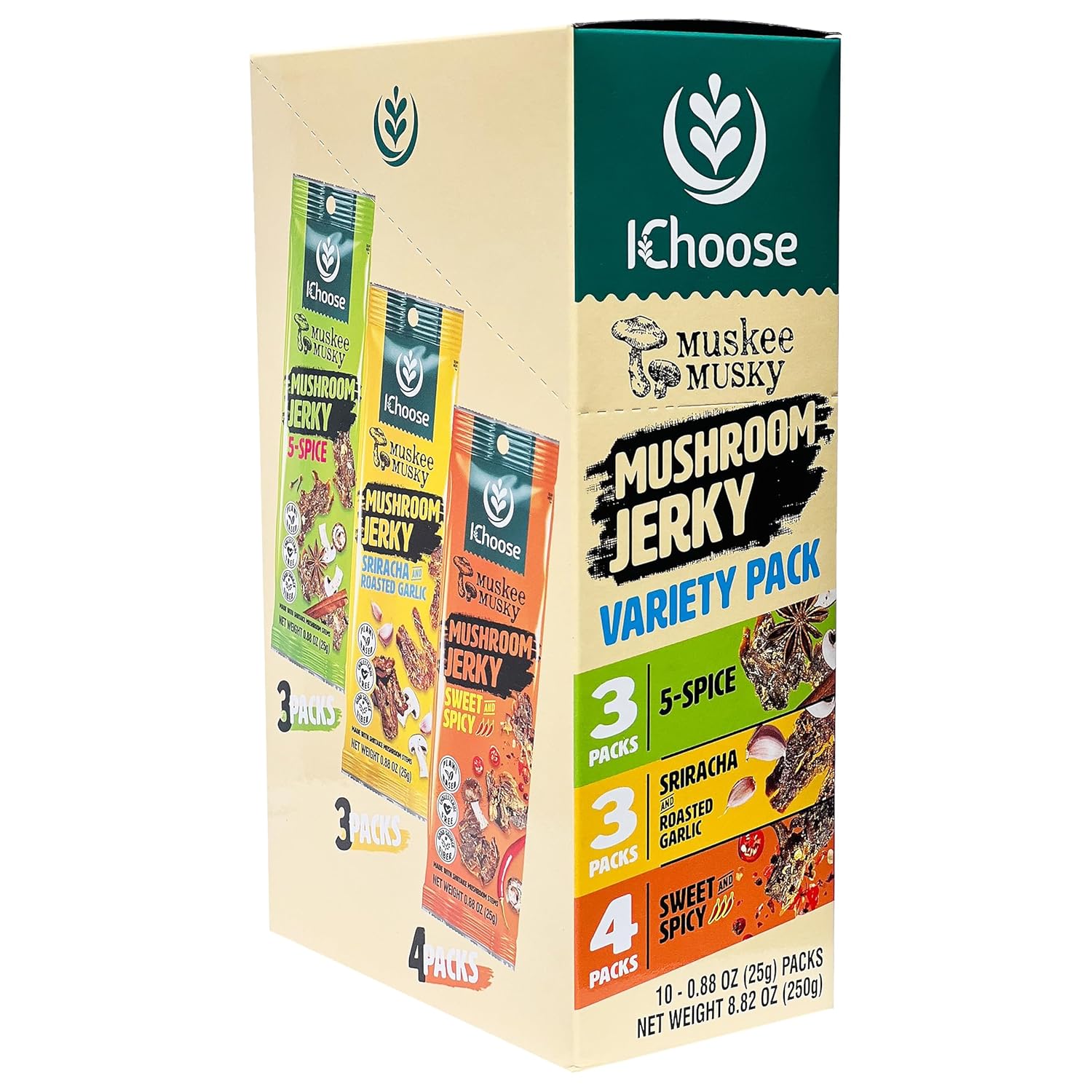 Ichoose Muskee Musky Mushroom Jerky, Vegan, High-Fiber Snack, | Beef Jerky Alternative, Perfect for Valentines & Snack Packs - 10 Pack Box, 0.88 oz (25g) | (25g, Box 10 Packs, Mix Variety)
