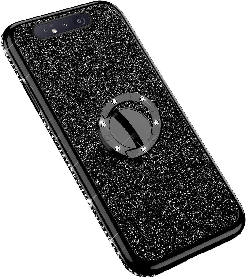 Uposao Compatible with Samsung Galaxy A80 / A90 Phone Case Girls Women Bling Glitter Diamond Crystal Clear Case Cover Transparent Bumper Cover with 360 Degree Ring Kickstand,Black