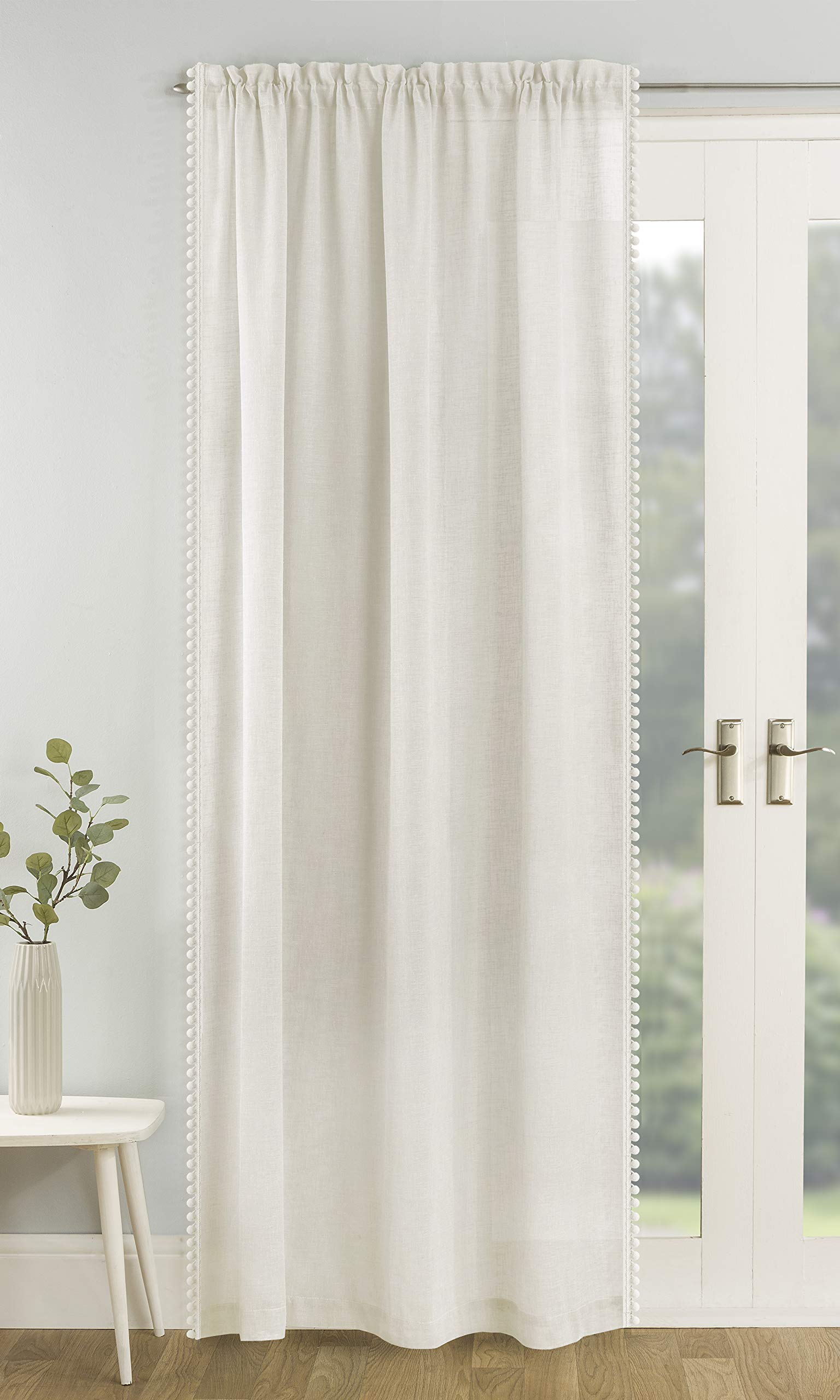Tyrone Textiles Cream Tahiti Pom Pom Trim Linen Look Voile Panel (Drop - 48" (122Cm))