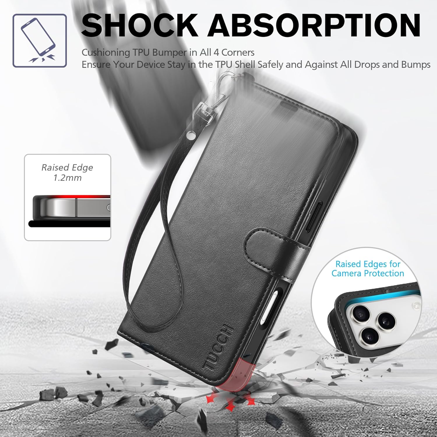 TUCCH Wallet Case for iPhone 17 Pro Max (6.9") 2025, Wrist Strap RFID Blocking 4 Card Slots, Kickstand, Shockproof TPU Shell, PU Leather, Magnetic Closure, Protective Flip Cover, Black - Image 7