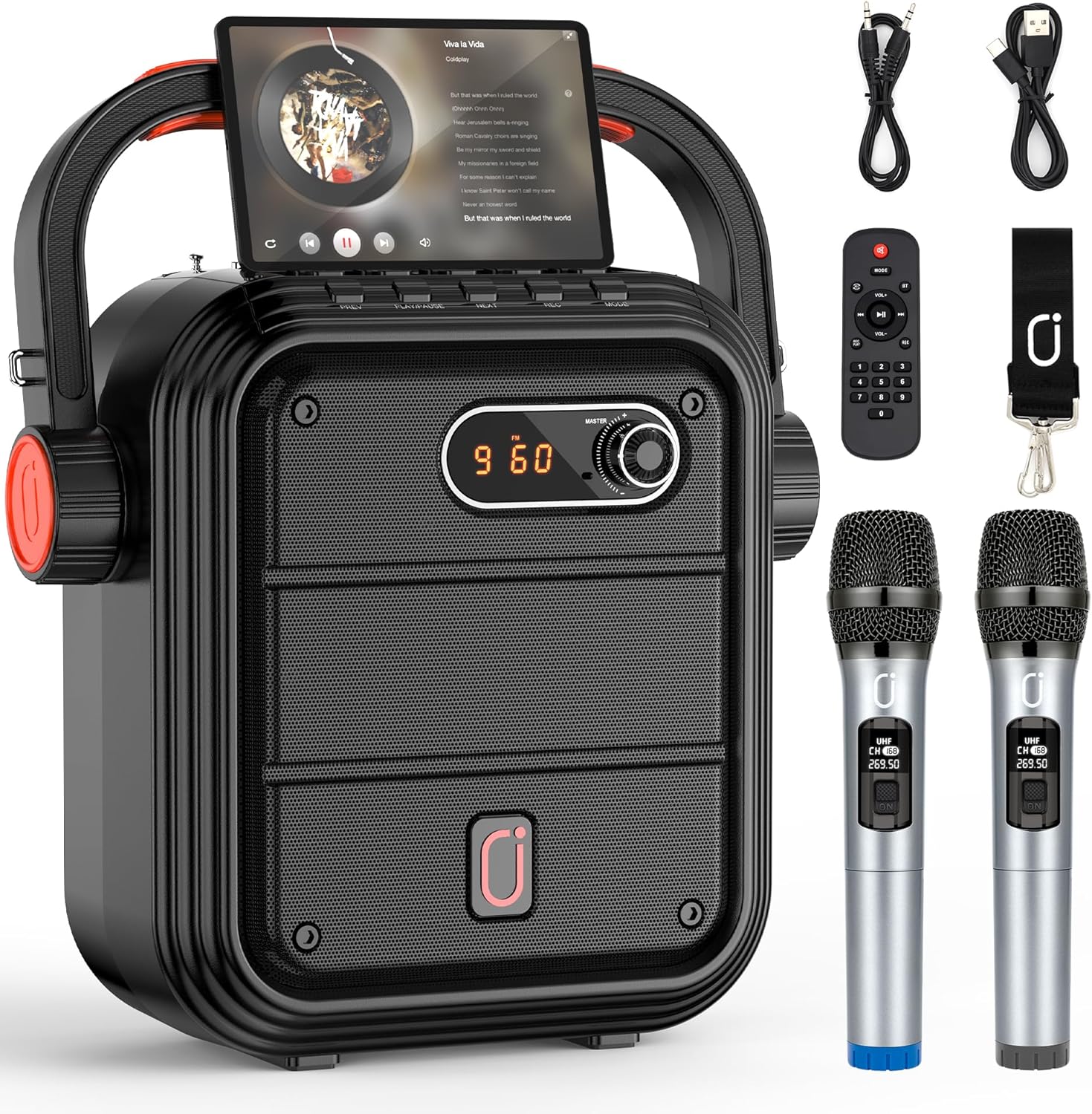 JYX Karaoke Machine with 2 UHF Wireless Microphones, Portable Bluetooth Speaker with Shoulder Strap, Power Amplifier PA Subwoofer Support TWS, FM, AUX In, Bass&Treble for Party/Meeting