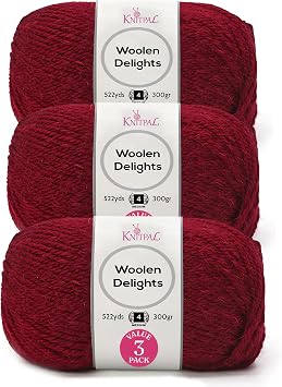 Woolen Delights #4 Soft Wool Yarn, 3-Pack 522Yds/300G, Crimson Red | Medium Aran/Heavy Worsted Weight Wool Yarn for Crocheting with Free Patterns - Soft Wool Blend Yarn for Knitting