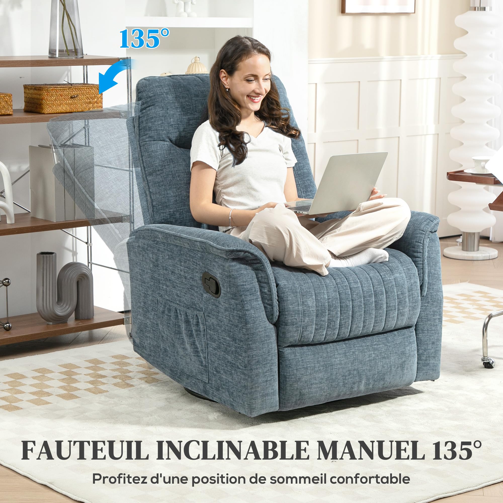 HOMCOM Fauteuil Inclinable Salon - Fauteuil de Relaxation avec Repose-Pieds rétractable, Dossier réglable Manuel, Fonction à Bascule et pivotant, pour Chambre Bureau Home cinéma, Bleu