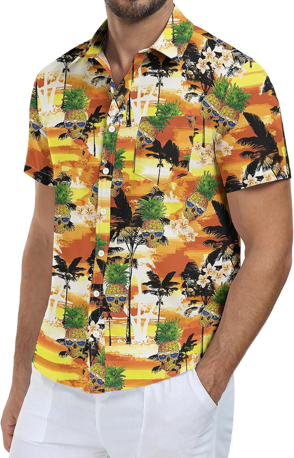 قمصان هاواي للرجال من NITAGUT، بأكمام قصيرة، وأزرار، وجيب، مناسبة للعطلات الاستوائية على الشاطئ - (اللون: أصفر أناناس، المقاس: كبير جدًا)