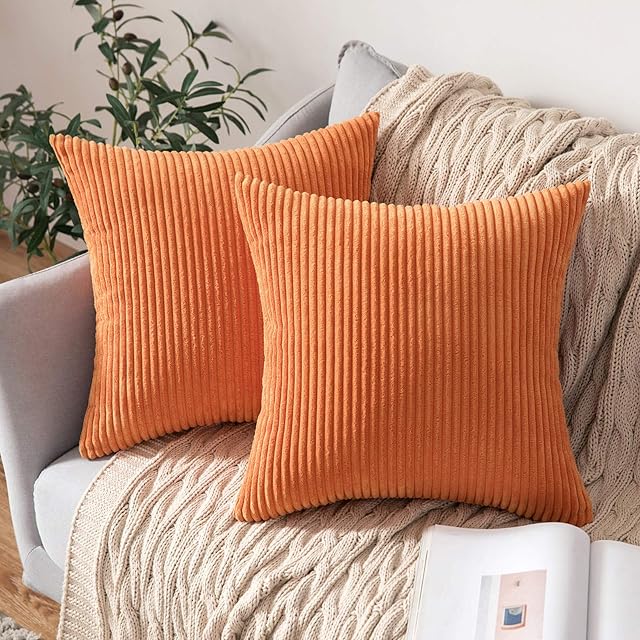 MIULEE Set of 2 Striped Corduroy Square Throw Pillow Case Soft Cushion Covers Sham Home for Sofa Couch/Bedroom Decorative Fluffy Large Pillowcases 18x18 Inch 45x45cm Orange