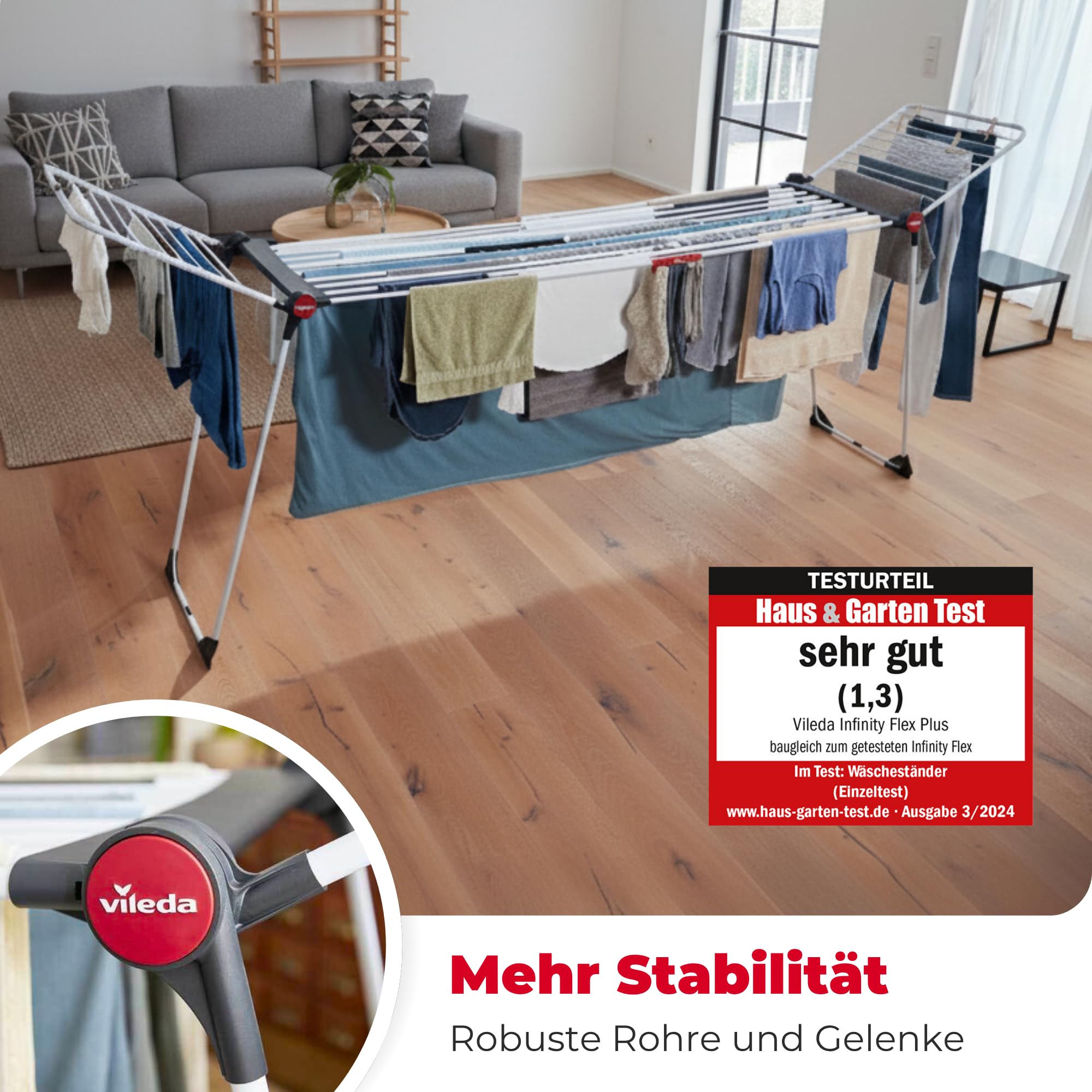 Vileda Infinity Flex Plus Wäscheständer | Ausziehbarer & Stabiler Flügeltrockner mit 30m XXL-Leinen - Für Innen- & Außenbereich, platzsparend & klappbar, 2m Länge, Hohe Flügel | Comfort-Pack