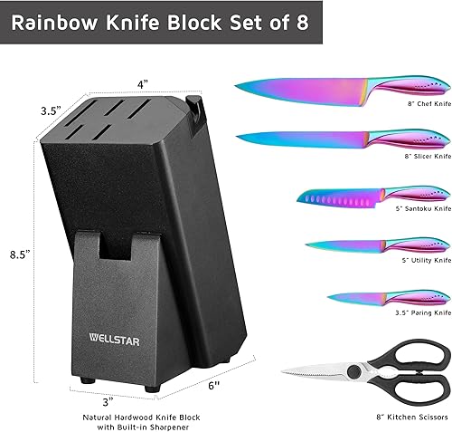 Miniatura 9 de WELLSTAR Juego de 8 cuchillos arcoíris de acero inoxidable alemán iridiscente con bloque de madera, revestimiento de titanio colorido, juego de