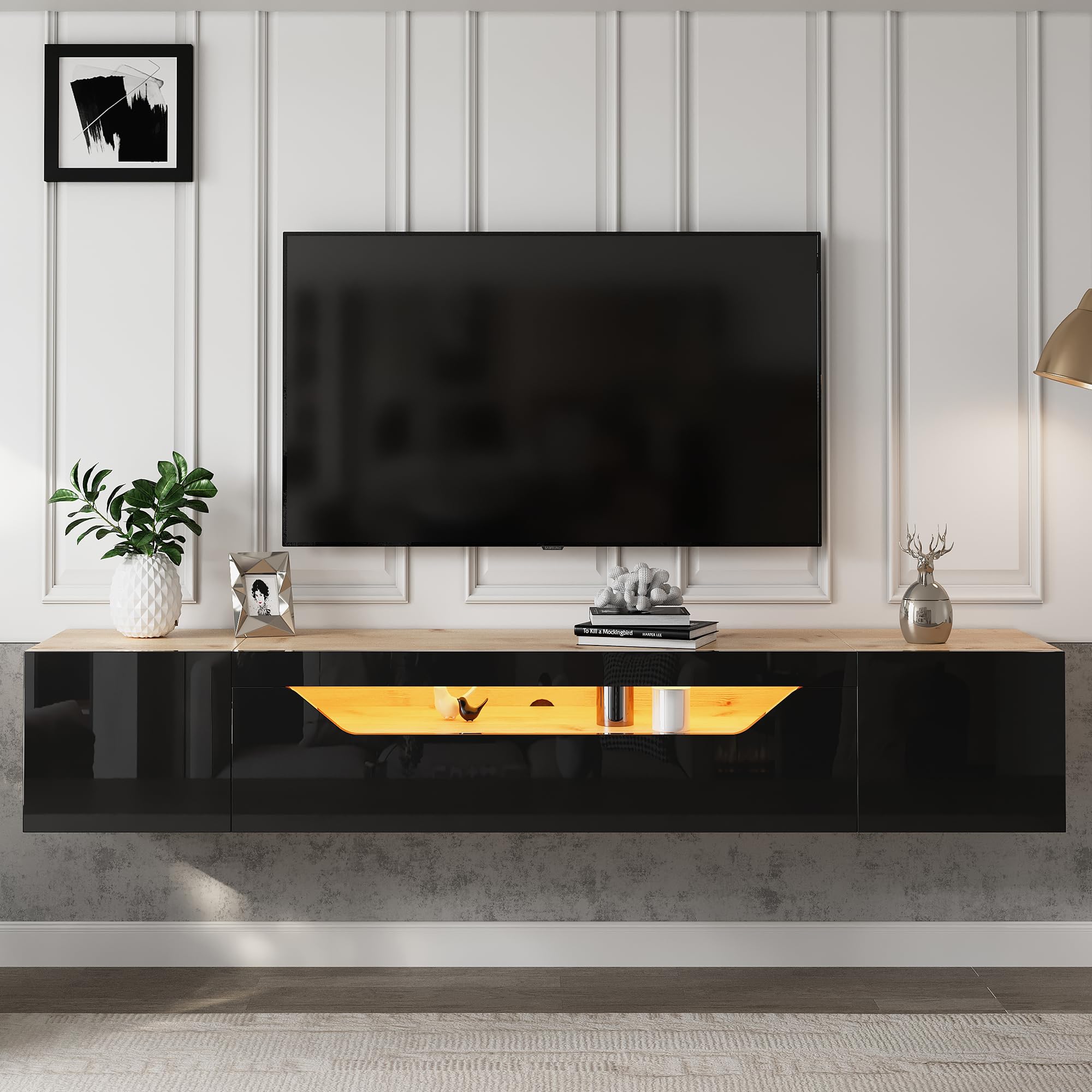 TV-Schrank 180 cm hängend mit LED für 75 Zoll, Schwarz-Holzoptik