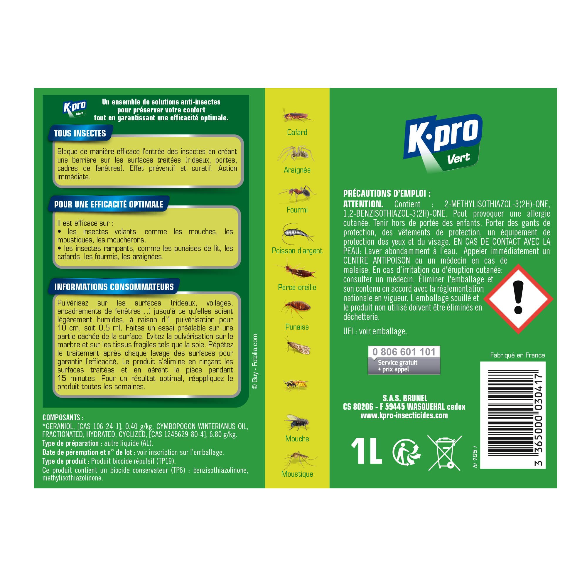 K.PRO Vert Pulvérisateur Barrière tous Insectes Volants et Rampants - Curatif et Préventif - S'Applique Sur Textiles et Surfaces Lavables* - Technique Professionnelle - 1L - Protection 1 mois
